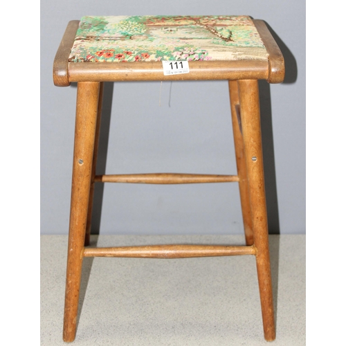 111 - A vintage wooden and tapestry seated stool, approx 50cm tall