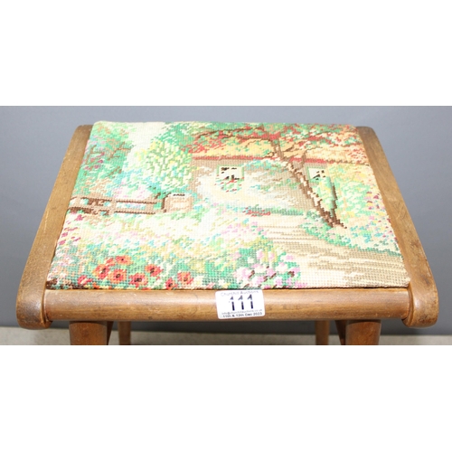 111 - A vintage wooden and tapestry seated stool, approx 50cm tall