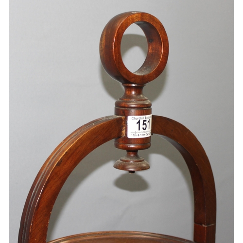 151 - An antique style mahogany 3 tier cake stand, approx 26cm x 82cm tall