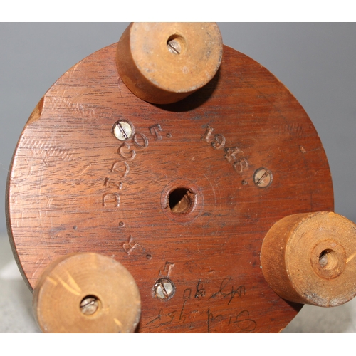 245 - 2 turned oak table lamp bases, one marked underneath 'Didcot 1948 and signed, tallest  approx 45cm