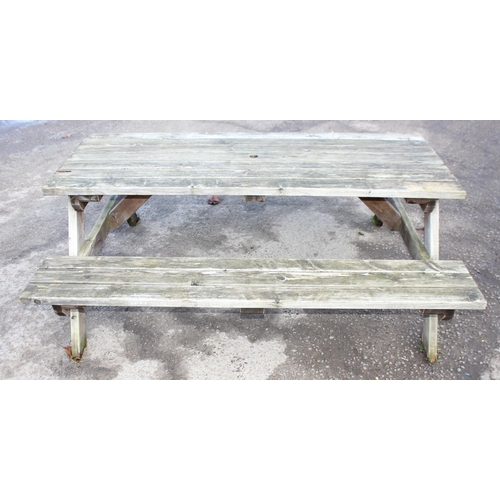 306 - A modern garden picnic bench by MC Timber, approx 180cm wide x 150cm deep x 72cm tall