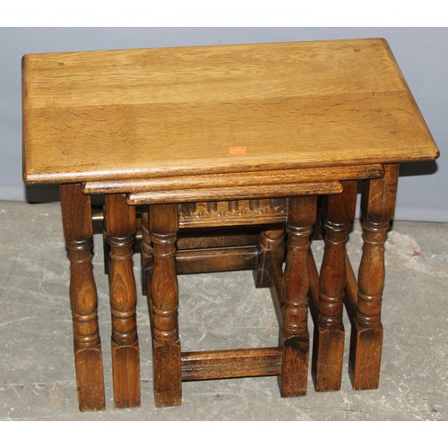 32 - Vintage oak nest of 3 tables, the largest approx 61cm wide x 34cm deep x 46cm tall