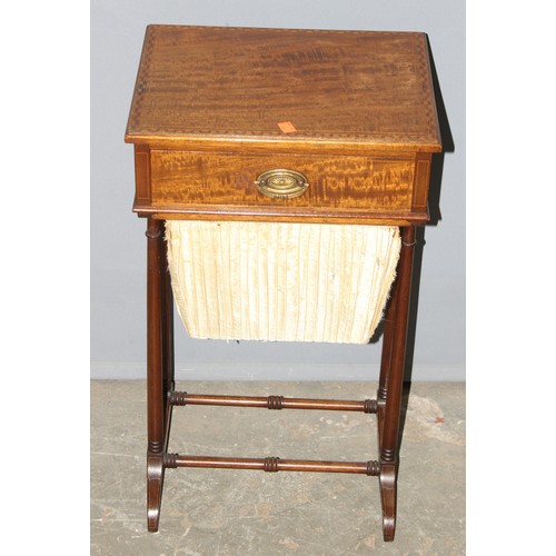 25 - An Edwardian Sheraton Revival mahogany sewing table with fabric swag and inlay, approx 38cm wide x 3... 