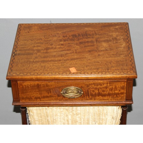 25 - An Edwardian Sheraton Revival mahogany sewing table with fabric swag and inlay, approx 38cm wide x 3... 