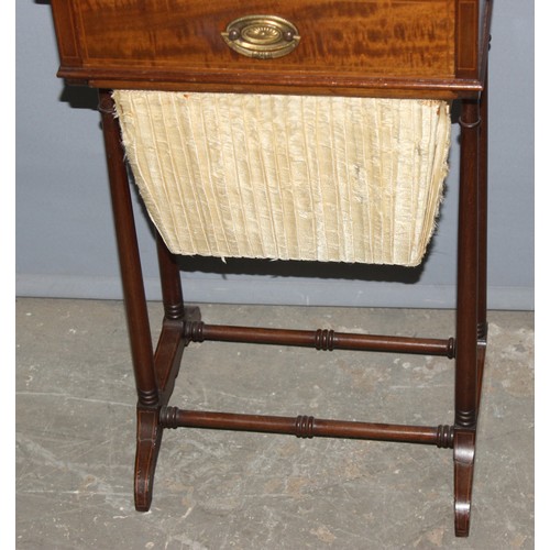 25 - An Edwardian Sheraton Revival mahogany sewing table with fabric swag and inlay, approx 38cm wide x 3... 