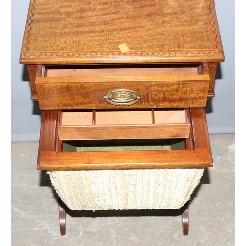 25 - An Edwardian Sheraton Revival mahogany sewing table with fabric swag and inlay, approx 38cm wide x 3... 