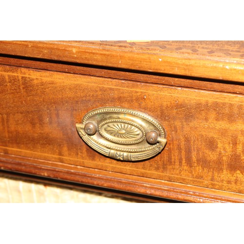 25 - An Edwardian Sheraton Revival mahogany sewing table with fabric swag and inlay, approx 38cm wide x 3... 