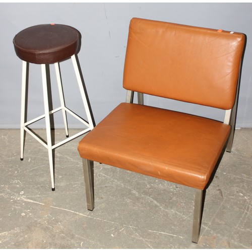 27 - A retro brown vinyl and chrome reception chair and a retro stool with white painted metal base (2)