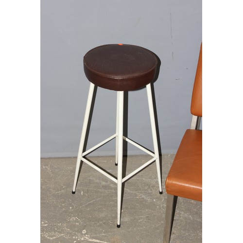 27 - A retro brown vinyl and chrome reception chair and a retro stool with white painted metal base (2)