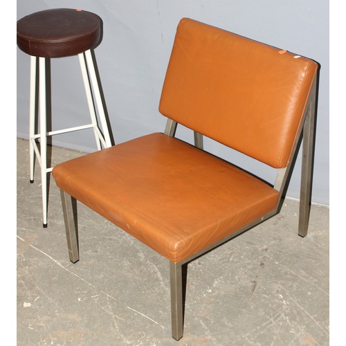 27 - A retro brown vinyl and chrome reception chair and a retro stool with white painted metal base (2)