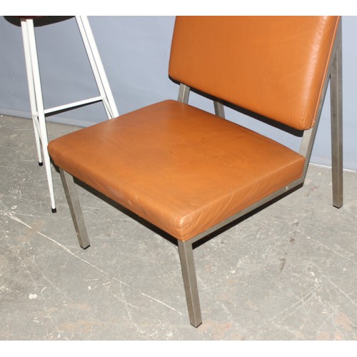 27 - A retro brown vinyl and chrome reception chair and a retro stool with white painted metal base (2)