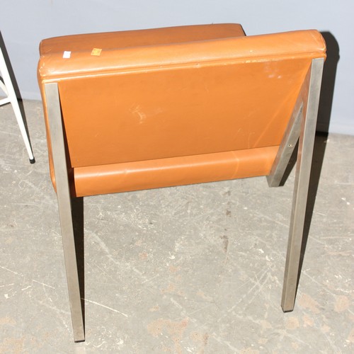 27 - A retro brown vinyl and chrome reception chair and a retro stool with white painted metal base (2)