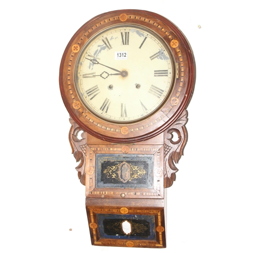 1312 - Decorative 8-day mechanical 'Superior' wall clock with inlaid detail, key and pendulum present, appr... 