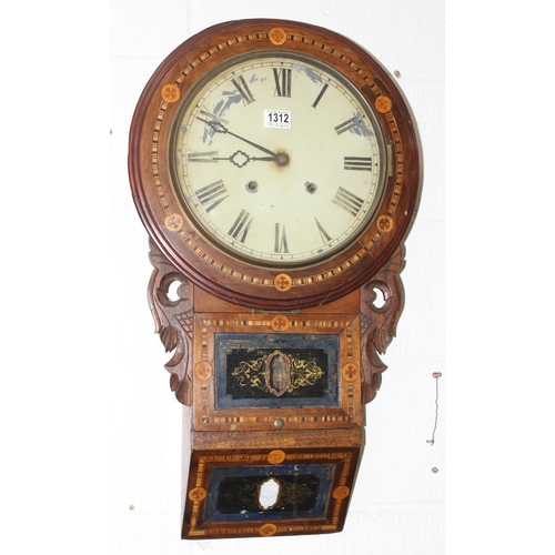 1312 - Decorative 8-day mechanical 'Superior' wall clock with inlaid detail, key and pendulum present, appr... 