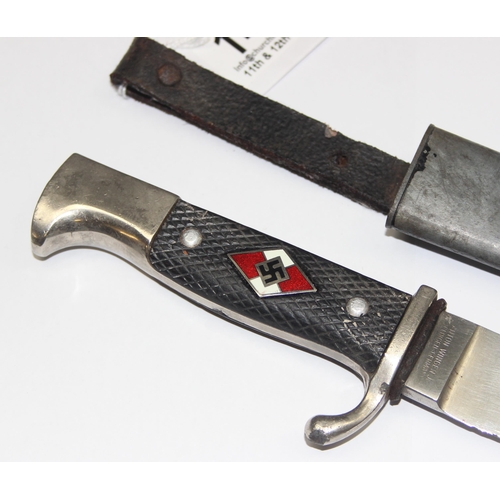 1487 - A WW2 style Hitler Youth knife by Anton Wingen Jr of Solingen, the blade marked Othello, in leather ... 