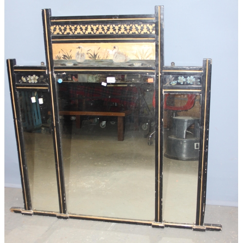 400 - A Victorian ebonised and painted over mantel mirror, in aesthetic taste, late 19th century, the frie... 