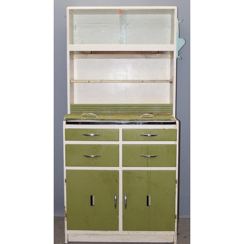 24 - A mid-century kitchen cupboard, white and green painted with pull out enamel slide, approx 82cm wide... 