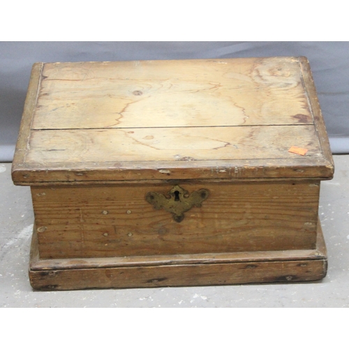 40 - A small antique 19th century stripped pine strong box with brass mounts, approx 44cm wide x 31cm dee... 