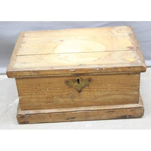 40 - A small antique 19th century stripped pine strong box with brass mounts, approx 44cm wide x 31cm dee... 