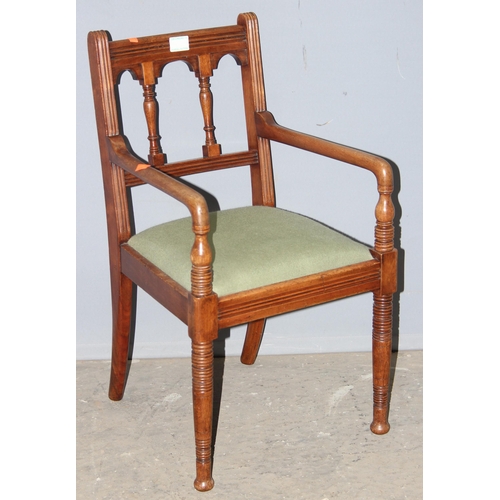 36 - A small antique child's chair with turned wooden legs and stuffed seat, approx 40cm wide x 35cm deep... 