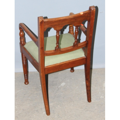 36 - A small antique child's chair with turned wooden legs and stuffed seat, approx 40cm wide x 35cm deep... 