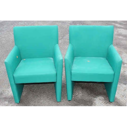 91 - 2 modern green covered designer armchairs, each approx 62cm wide x 55cm deep x 80cm tall