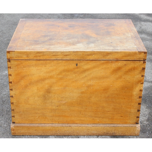 2 - A large antique light Mahogany trunk or silver chest with baize lined interior and iron handles, app... 
