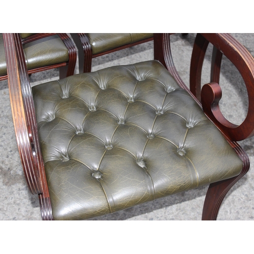52 - A set of 6 (4+2) mahogany and green Chesterfield button backed leather dining chairs