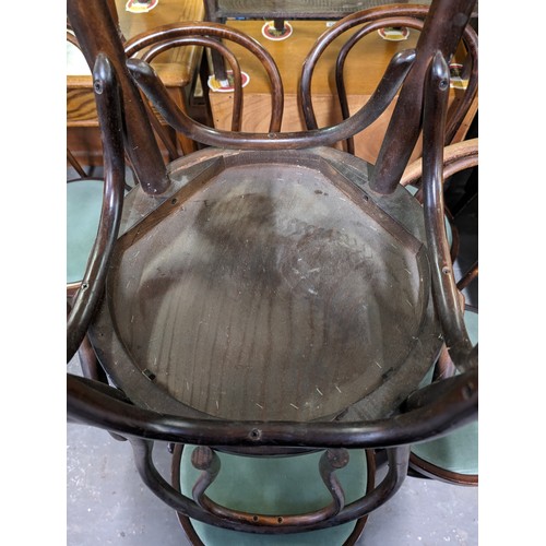 75 - A set of 6 vintage Thonet style bentwood pub chairs with green upholstered seats, each approx 90cm t... 