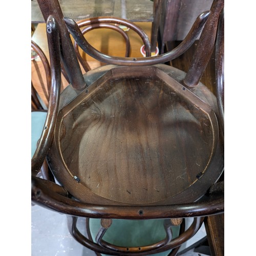 75 - A set of 6 vintage Thonet style bentwood pub chairs with green upholstered seats, each approx 90cm t... 