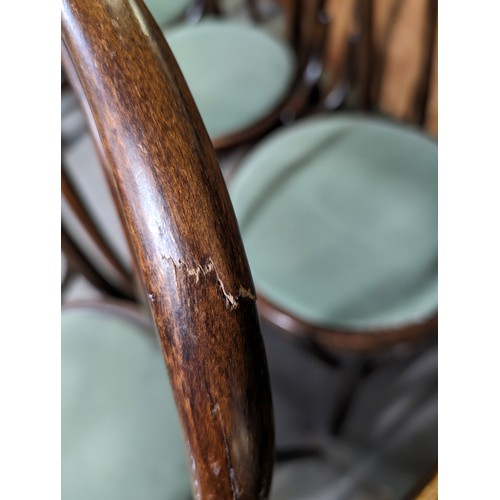 75 - A set of 6 vintage Thonet style bentwood pub chairs with green upholstered seats, each approx 90cm t... 