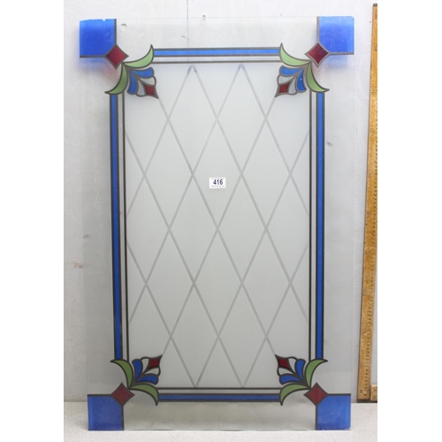 416A - Large frosted glass panel in the style of leaded stained glass approx. 64cm x 98cm