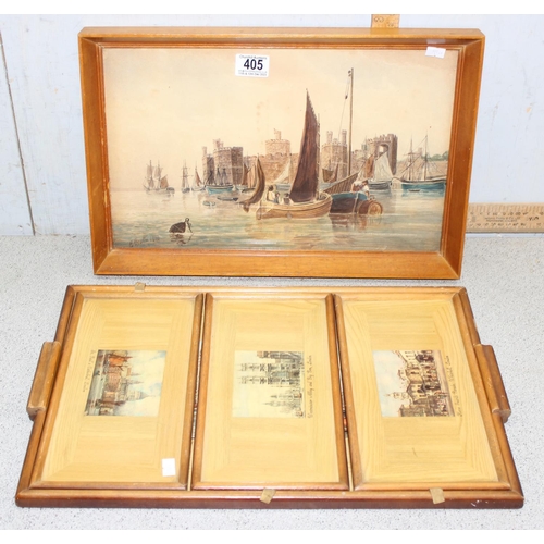 405A - E. Beattie (XIX), watercolour of boats in a harbour near a castle and a vintage triple tray, picture... 