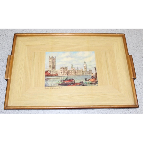 405A - E. Beattie (XIX), watercolour of boats in a harbour near a castle and a vintage triple tray, picture... 