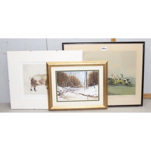 498B - 3 pictures to include a watercolour of a winter forest scene and 2 further modern prints