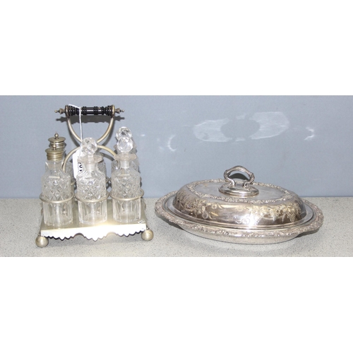 1023 - Antique silver-plated cruet set with cut glass bottles and a silver-plated serving dish/tureen with ... 