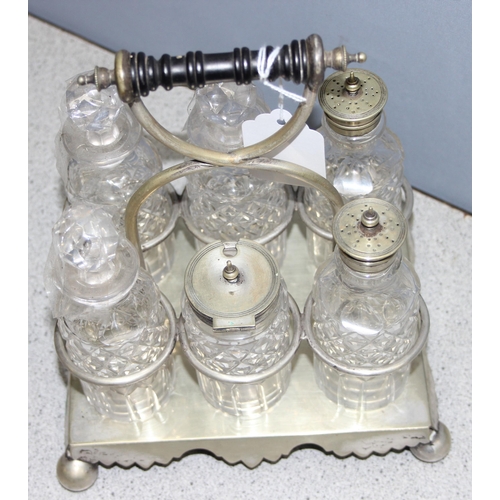 1023 - Antique silver-plated cruet set with cut glass bottles and a silver-plated serving dish/tureen with ... 