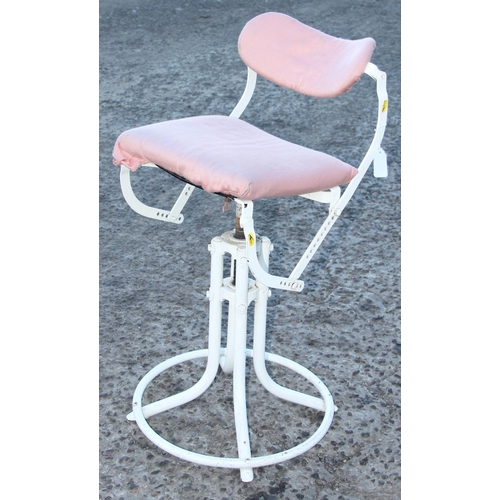 11 - An unusual vintage white painted industrial machinists chair, seemingly unmarked, approx 90cm tall