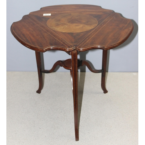 112 - Edwardian mahogany tri-drop leaf occasional table with inlaid details, approx 51cm H x 47cm x 47cm