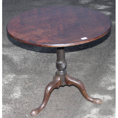 114 - Georgian mahogany tilt-top table with tripod base and pad-feet, approx 77cm W x 70cm H