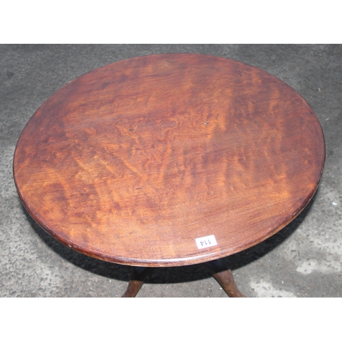 114 - Georgian mahogany tilt-top table with tripod base and pad-feet, approx 77cm W x 70cm H