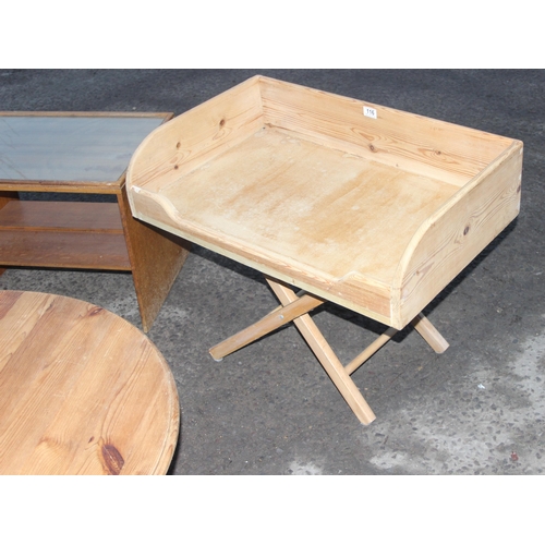 116 - Pine butlers style tray on stand, approx 79cm W, pine topped round coffee table with white painted b... 