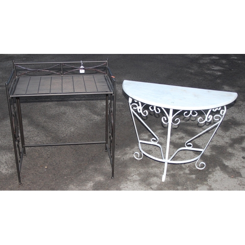 118 - A vintage style folding metal shelf unit and a wooden and a marble topped demi-lune hall table with ... 