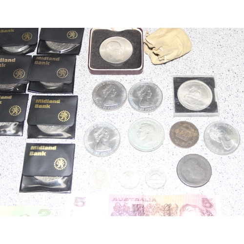 1205 - Qty of assorted mixed coins, mainly British commemorative crowns, 2 Australian banknotes etc