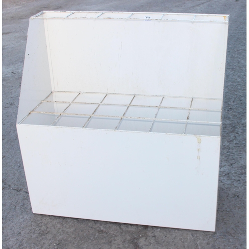 127 - Vintage white painted metal poster display stand, approx 100cm wide x 46cm deep x 102cm tall