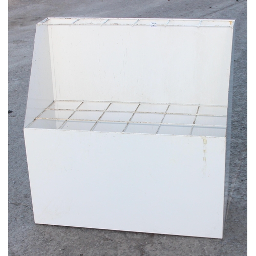 127 - Vintage white painted metal poster display stand, approx 100cm wide x 46cm deep x 102cm tall