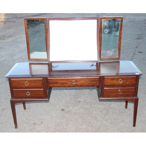 128 - Retro Stag dressing table with triple mirror, approx 152cm wide x 48cm deep x 128cm tall