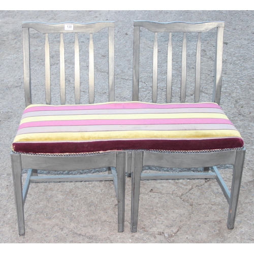 130 - A bespoke made grey painted double chair bench with colourful upholstery, approx 97cm wide x 43cm de... 