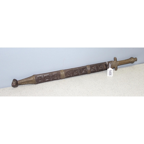 1406 - A vintage Shona Peoples of Zimbabwe Bakatwa style sword with carved wooden sheath and wire wrapped d... 