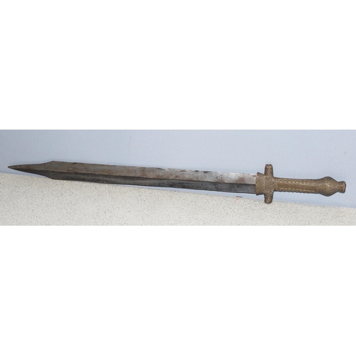 1406 - A vintage Shona Peoples of Zimbabwe Bakatwa style sword with carved wooden sheath and wire wrapped d... 